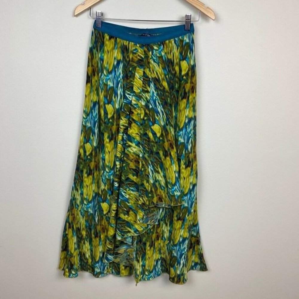 Nic+Zoe Maxi Skirt XS A-Line Drape Pleat Green Abstract Front Slit Stretch Waist